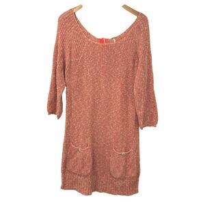 Free People Women's Knit Sweater Dress Coral Beige 3/4‎ Sleeve Pockets Large